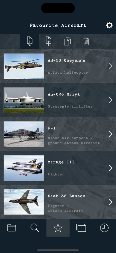 Cold War Military Aircraft - A list of favorite aircraft in the Cold War Military Aircraft app showing technical details and images.