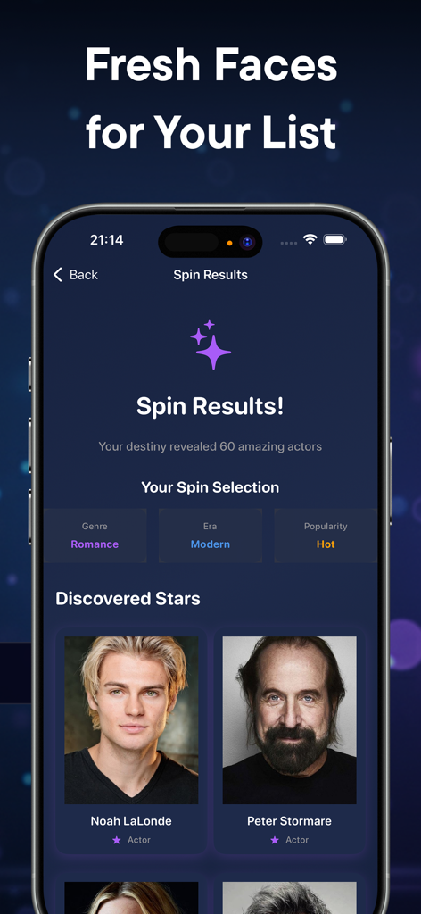 Gamebox: Movies,Tv & Actors - Gamebox app interface showing movie star discovery results from an actor roulette spin