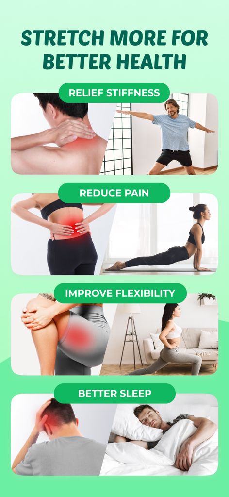 Stretch+Flexibility~Bend Flex - Un infográfico que resalta los beneficios para la salud del estiramiento, que incluyen alivio de la rigidez, reducción del dolor, mejora de la flexibilidad y mejor sueño
