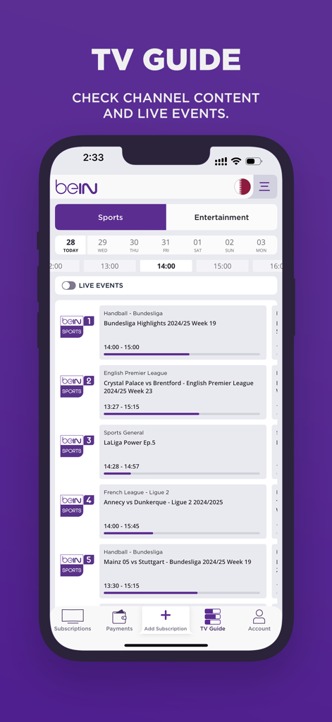beIN - 国際的なスポーツチャンネルとライブサッカーの試合スケジュールを表示するbeINアプリのテレビ番組表画面