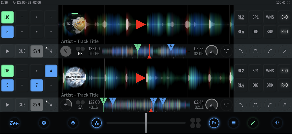 Tau DJ v1i - 두 개의 데크와 상세한 파형, 전문 믹싱 컨트롤을 특징으로 하는 Tau DJ v1i 앱의 기술적인 인터페이스
