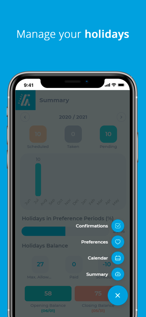 Tela do aplicativo móvel GIR Staff para gerenciamento de férias de funcionários e saldo de férias