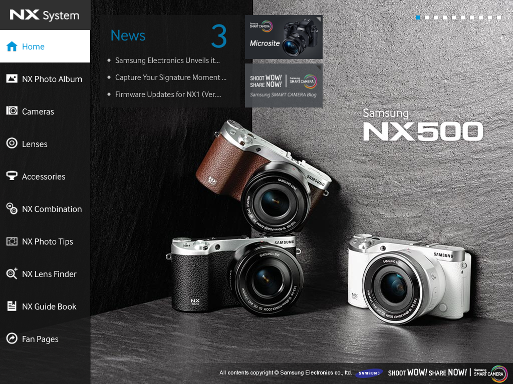 Home screen of the Samsung SMART CAMERA NX app for iPad featuring news and NX500 cameras