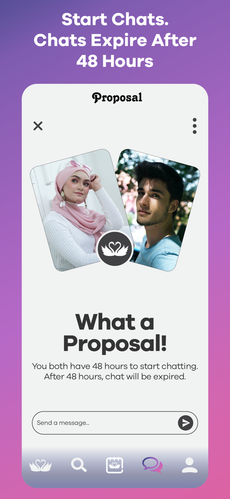 Proposal: Muslim Marriage - A matching screen on the Proposal app with a message about chats expiring after 48 hours