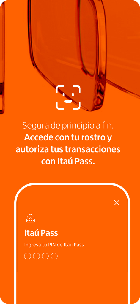 Itaú Chile - Mobile app screen for Itau Chile showing facial recognition login and Itau Pass transaction authorization