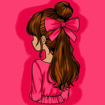 realistic girl  with hip length hair a bun and a big bow on the back of head