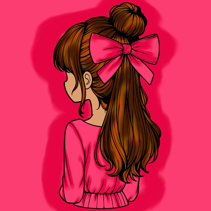 realistic girl  with hip length hair a bun and a big bow on the back of head