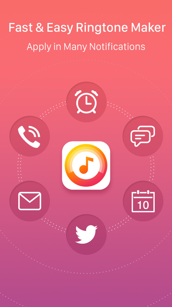 Ringtone Maker – create ringtones with your music - Interfaz de la aplicación Creador de Tonos destacando la personalización para llamadas, mensajes, alarmas y más