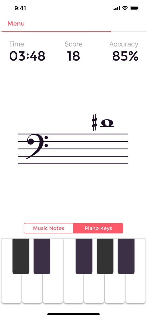 Music Tutor Plus - A sight-reading practice session in Music Tutor Plus showing a bass clef note and a piano keyboard interface.
