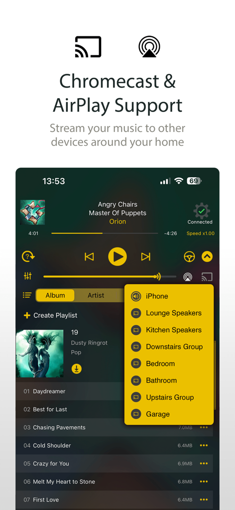 MusicStreamer app interface showing AirPlay and Chromecast device selection for multi-room streaming