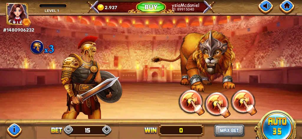 Gladiator and armored lion in a Roman colosseum slot game scene