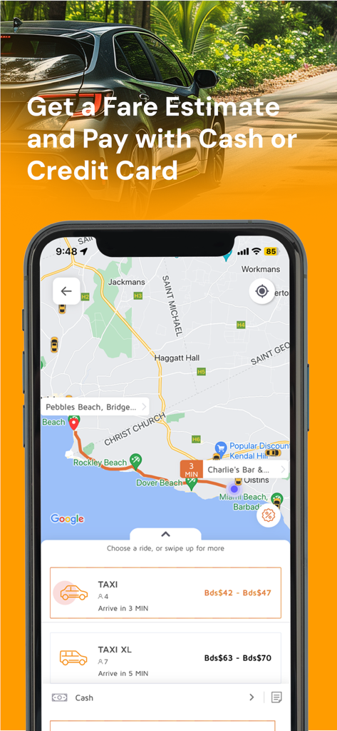 PickUp Barbados - Pantalla de smartphone de la aplicación PickUp Barbados con estimaciones de tarifas de taxi en un mapa de Barbados
