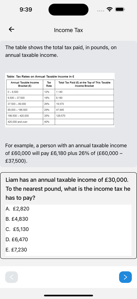 UCAT Preparation - UCAT Preparation app screen showing a quantitative reasoning practice question about income tax