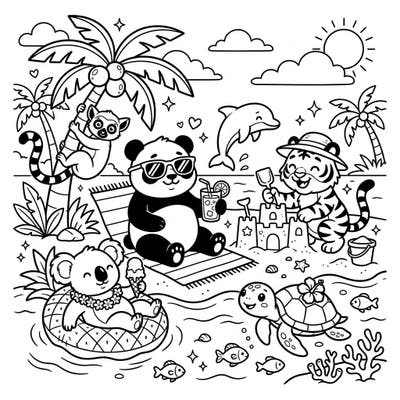 Get ready for a fantastic summer adventure with this charming coloring page featuring a delightful crew of animals enjoying a sunny beach day. From a cool panda to a sandcastle-building tiger, this scene is bursting with vacation vibes, perfect for adding your vibrant colors.
