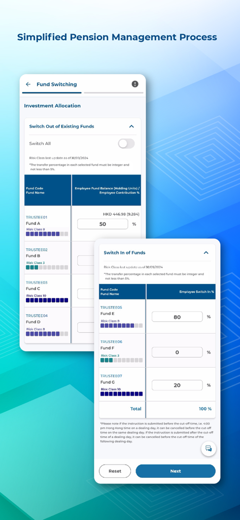 Mobile app screen showing fund switching and investment allocation for pension management