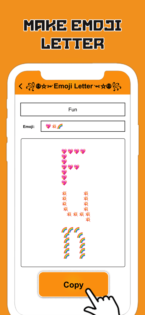 Nickname Creator: Fancy Tex‪t - The emoji letter maker feature in the app showing the word fun spelled with heart and rainbow emojis