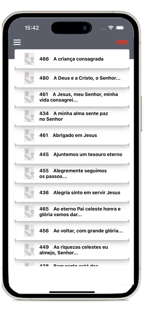 Hinário CCB Nº 05 - A list of hymns from the Hinário CCB Nº 05 mobile application showing hymn numbers and titles in Portuguese.