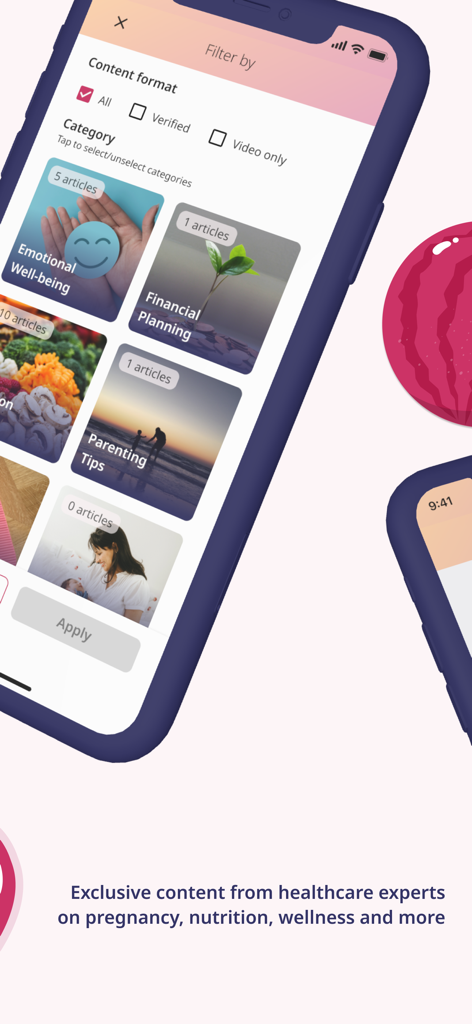 Mommy+ Pregnancy Tracker - A screenshot of the Mommy plus app showing content categories like emotional well-being and parenting tips with filters for verified videos and articles.
