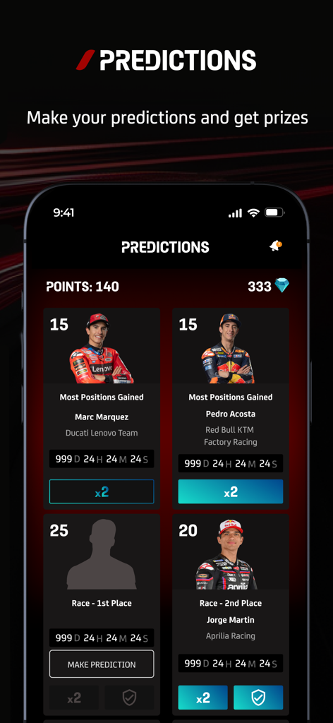 MotoGP™ Guru Predict - MotoGP Guru Predict App-Oberfläche für Rennergebnisse und Fahrerleistungs-Vorhersagen
