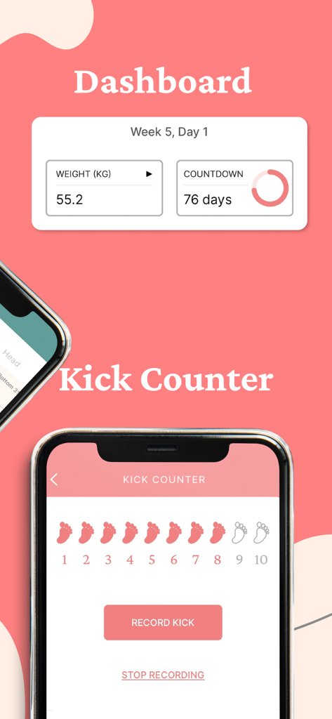 Mali Pregnancy and Parenting app dashboard and kick counter interface featuring weight tracking and baby kick records