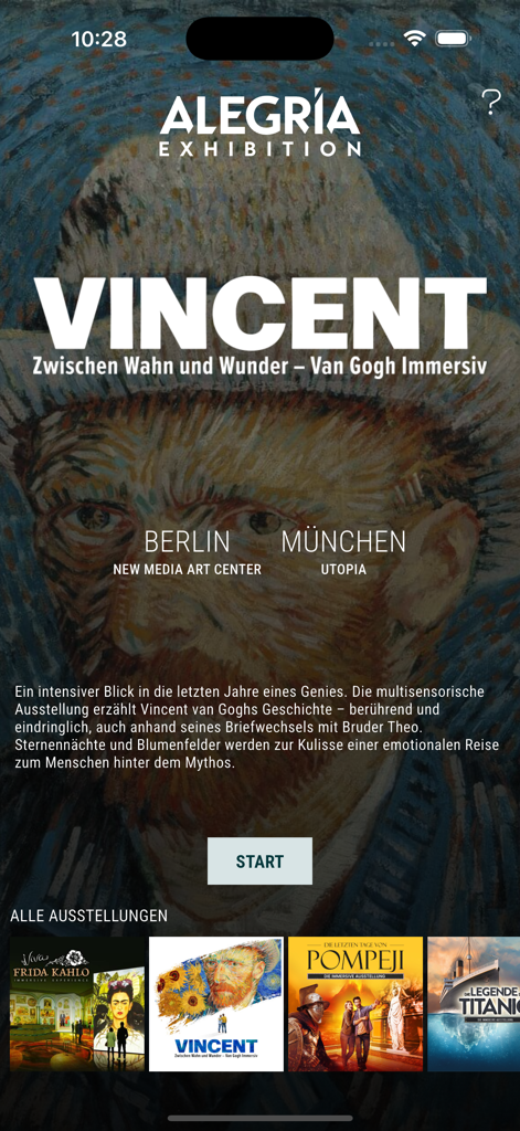 Alegria Exhibition - The home screen of the Alegria Exhibition app featuring the Vincent Van Gogh immersive art experience.