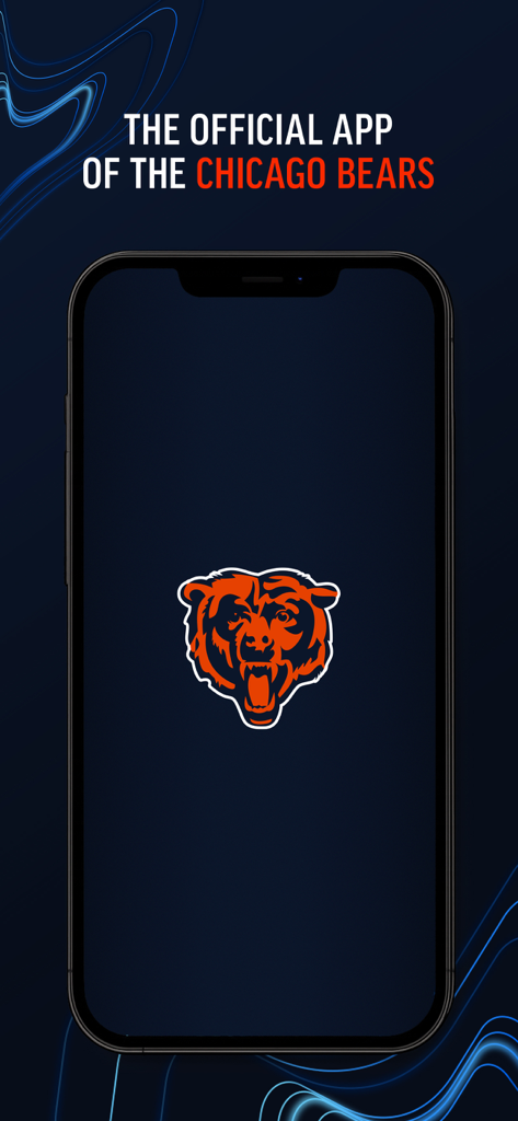 Chicago Bears official app splash screen featuring the team bear head logo on a smartphone