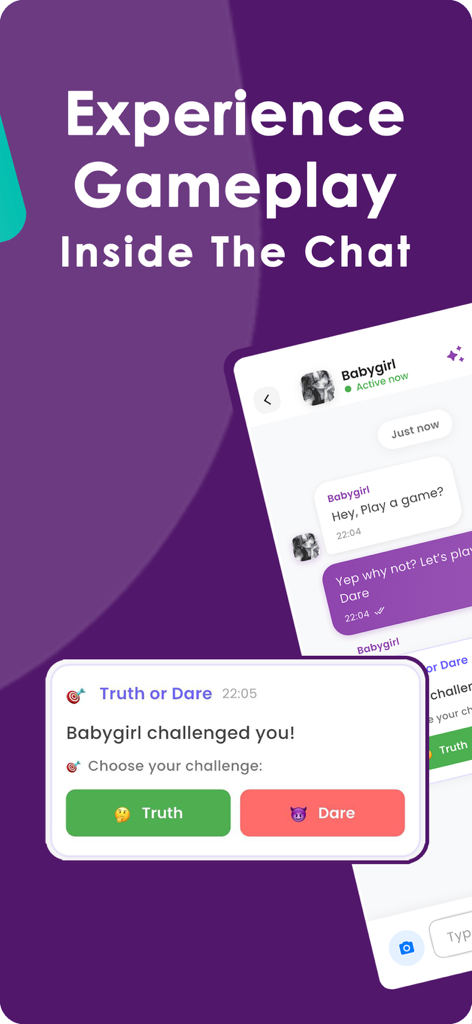 AfterMatch - Make Friends - AfterMatch에서 진실 혹은 대담 게임 도전을 보여주는 인앱 채팅 기능