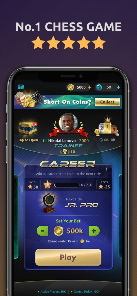 A screenshot of the career mode in Chess Online showing player rank and rewards