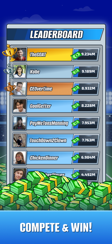 Idle Sports Tycoon leaderboard showing player rankings and earnings