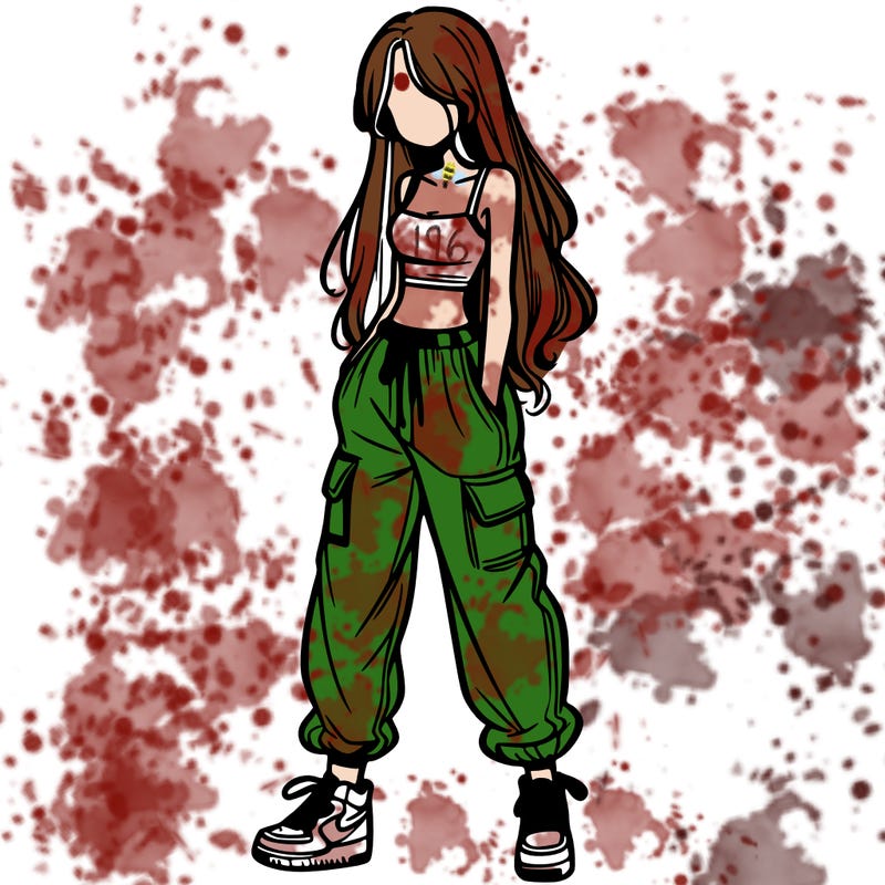 girl in baggy pants crop top and long hair