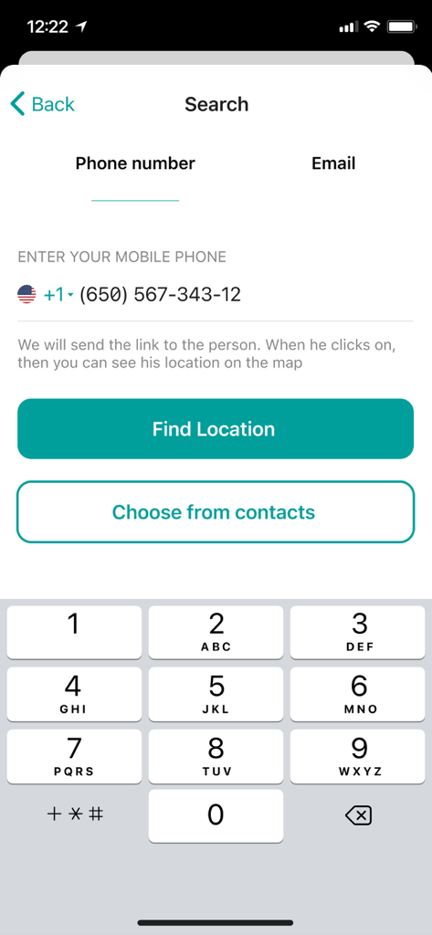 Find My Friends Phone - iMapp - iMapp app interface for searching a location by entering a mobile phone number or choosing from contacts