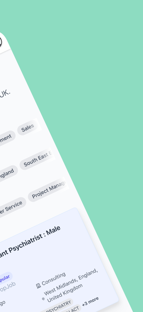 JobsInUK.app - Find Jobs in UK - JobsInUK app screenshot displaying a consultant psychiatrist job listing in West Midlands England