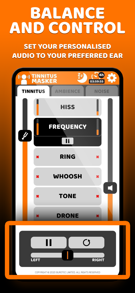 ™Tinnitus Relief Sound Masking - Interface of the Tinnitus Relief app showing left and right ear audio balance controls and sound frequency options