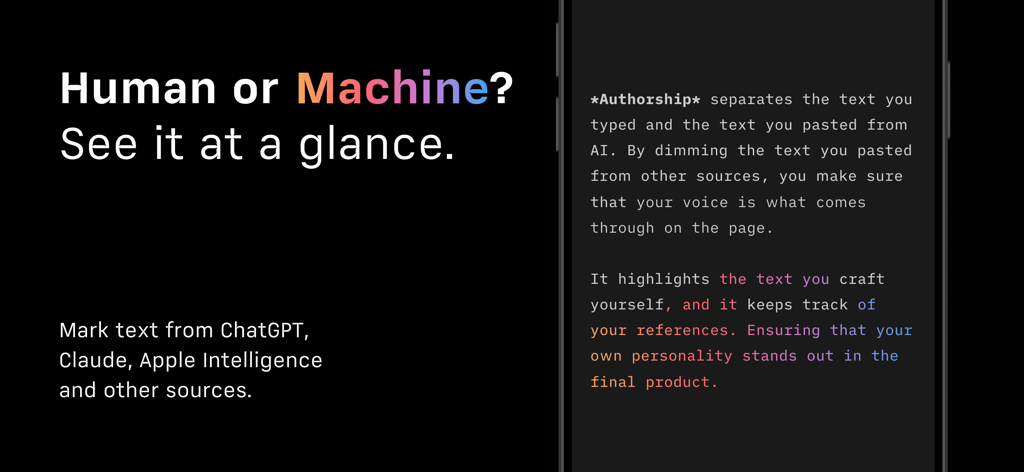 iA Writer 앱 인터페이스는 인간이 작성한 텍스트와 AI 생성 콘텐츠를 구별하는 저작권 기능을 보여줍니다.