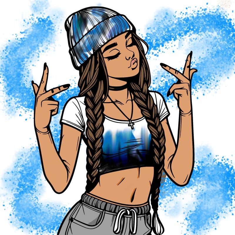 realistic teenage girl with braids and a beanie and crop top doing 🫶🏼