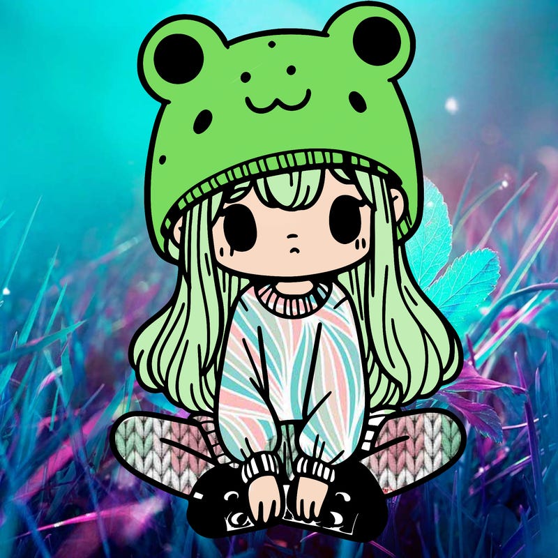 a girl wearing a frog hat and some frog socks