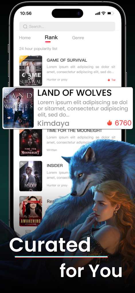 BookTok：Reading Novel & eBook - Rankings screen of the BookTok app showing popular web novels and a curated for you recommendation banner