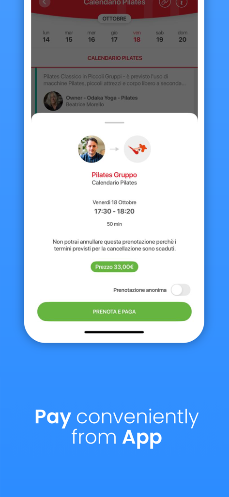 Ecrã da aplicação Sportclubby mostrando o processo de reserva e pagamento para uma aula de grupo de Pilates.