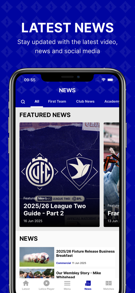 Oldham Athletic AFC - Aplicación Oldham Athletic AFC mostrando las últimas noticias y el feed de artículos destacados del club