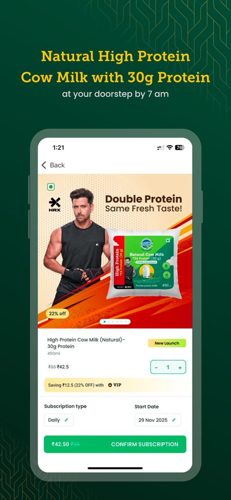 Country Delight app screen for high protein milk delivery subscription