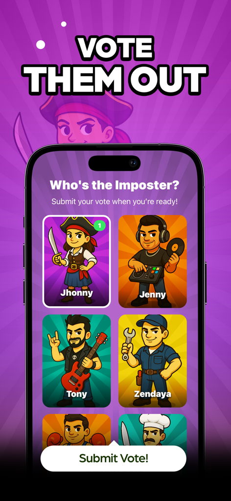 Imposter Game: Guess the Word! - Una pantalla de juego móvil titulada Vota por Ellos mostrando diversos avatares de personajes para la jugabilidad de deducción social.