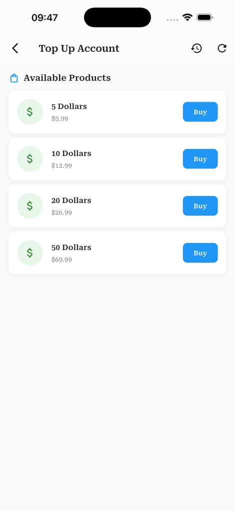 Taura - Taura app top up account screen showing credit purchase options for international calling