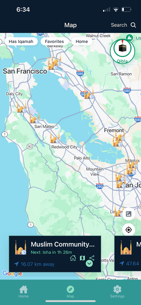 Iqamah - Map view showing locations of nearby mosques and prayer times in the Iqamah mobile app