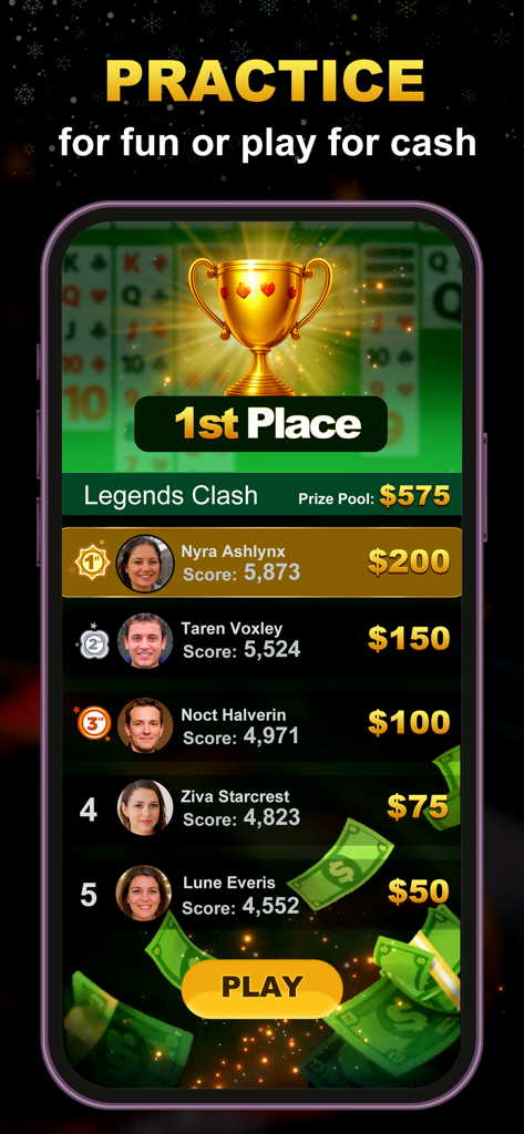 Solitaire Legends - Win Cash - A tournament leaderboard in Solitaire Legends showing top rankings and cash prizes for a Legends Clash event.