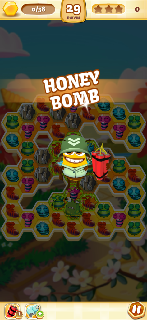 Bee Brilliant - Sgt Sting character holding a Honey Bomb booster in Bee Brilliant puzzle game