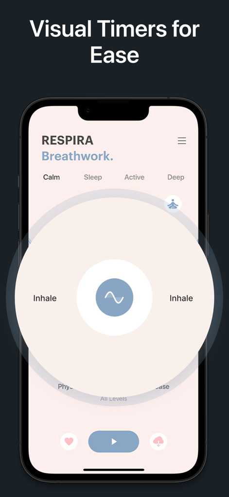 RESPIRA App-Oberfläche, die einen minimalistischen visuellen Timer für geführte Atemmeditationen anzeigt