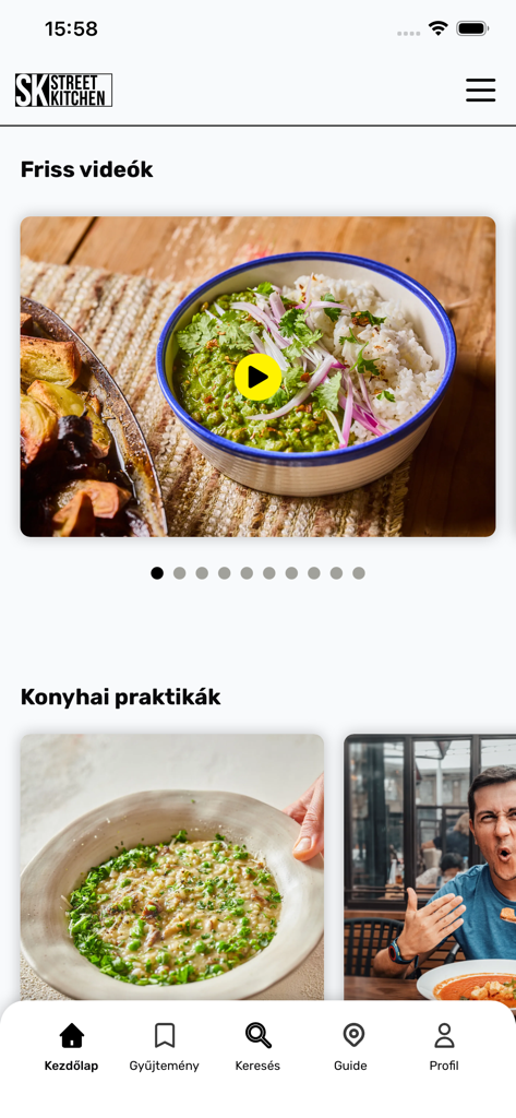 Street Kitchen mobile app home screen with cooking videos and kitchen tips