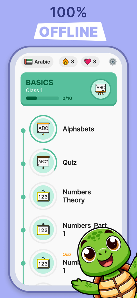 Interface do aplicativo de aprendizado de árabe mostrando categorias de lições e capacidade offline