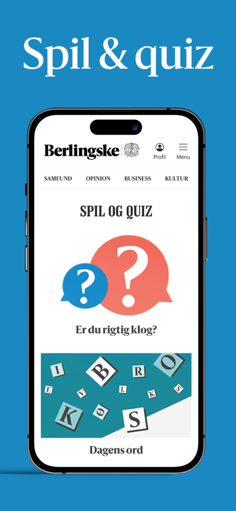 Berlingske - A smartphone showing the Berlingske app games and quiz section with a word of the day feature.