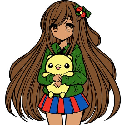 a girl with long hair holding a plushie also anime styled